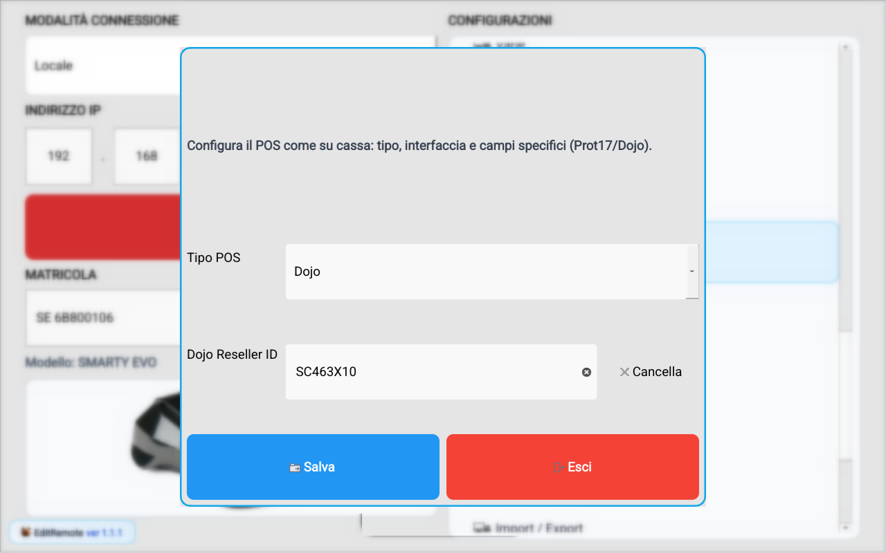 Configurazione POS tipo Dojo in EditRemote
