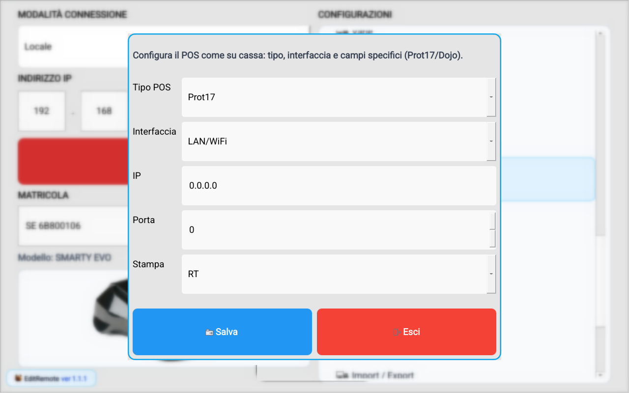 Configurazione POS tipo Protocol 17 in EditRemote